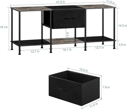Vrisa TV Stand for 50/55 inch Television Entertainment Center with Storage Fabric Cabinet and Shelves Modern TV Console for Living Room Bedroom, Black+Grey