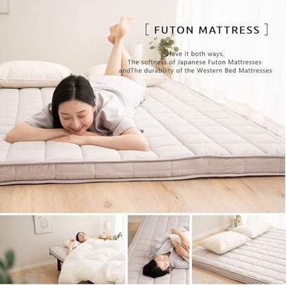 EMOOR Japanese Padded Futon Mattress Machi Full Gray, Gusset Foldable Storable Elastic Bands Floor Sleeping Guest Bed Tatami Mat