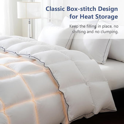 DOWNCOOL Feather Comforter Oversized King Size, Ultra Soft Fluffy Duvet Insert with 100% Cotton Cover, All Season Luxurious Hotel Bedding Comforters with Corner Tabs, White 116"x98"