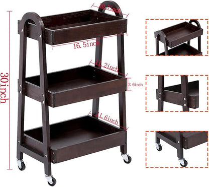 3 Tier Rolling Craft Cart Slim Rolling Storage Cart Wooden Cart on Wheels Bathroom Organizer Rolling Utility Cart Mobile Shelving Unit for Kitchen Bathroom Laundry Narrow Places (Black)