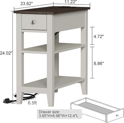ChooChoo Farmhouse End Table with Charging Station, Narrow Side Table Living Room with USB Ports & Power Outlets and Hidden Drawer,White and Brown