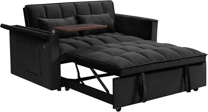 Ball & Cast 55" 3 in 1 Sleeper Sofa Bed Velvet Upholstered Pull Out Couch with Adjustable Back & 2 Pillows,Convertible Futon Sofa Bed W/Hidden Side Table,Side Pocket & USB Port,for Living Room,Black
