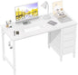 Lufeiya White Computer Desk with Fabric Drawers, 47 Inch Reversible Study Work Writing Desk for Home Office Bedroom, Simple Modern Cute PC Desks with Drawer, White