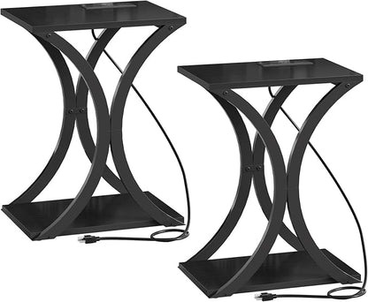 End Table with Charging Station, 2-Tier Modern Side Table Set of 2, Nightstand with Storage Shelf, for Small Spaces, for Bedroom, Living Room, Home Office, Black TBZ20UP2BB