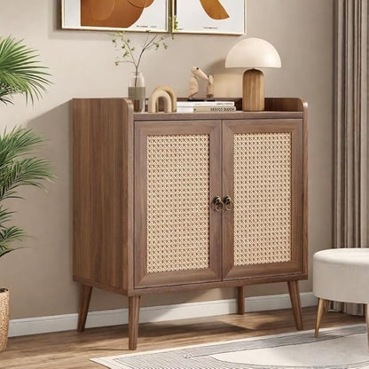 Buffet Cabinet, Rattan Storage Cabinet with Round Pull Rings, Sideboard with Ample Storage, Bar Liquor Shelf with 2 Doors for Living Room, Hallway, Light Brown