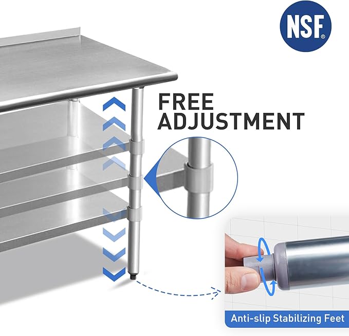 ROCKPOINT Stainless Steel Table for Prep & Work with Backsplash 24x24 Inches, NSF Metal Commercial Kitchen Heavy Duty Table with Adjustable Under Shelf and Table Foot for Restaurant, Home and Hotel