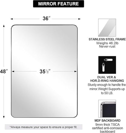 ANDY STAR 36"x48"Chrome Bathroom Mirror, Large Wall Mirror for Bathroom, Rounded Rectangle Mirror in Premium Stainless Steel Metal Frame Hangs Horizontal Or Vertical…
