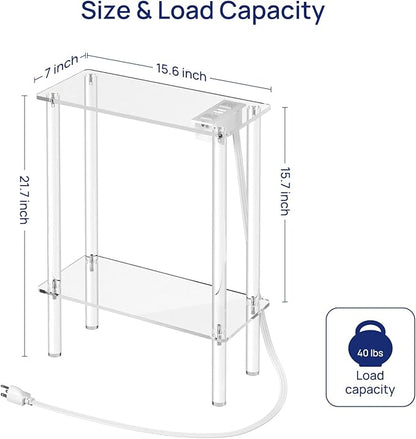 HMYHUM Acrylic Narrow Side Table with Charging Station, 7" Width, 2 Tier Small End Table for Small Spaces, Skinny Nightstand/Bedside Table with USB Ports & Outlet, Clear