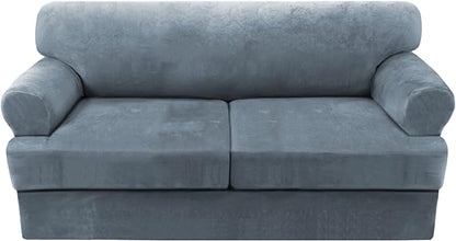 H.VERSAILTEX Sofa Cover 3 Piece Sofa Slipcovers Thick Velvet Couch Cover Furniture Protector Stretch Sofa Covers for 2 Cushion Couch with 2 Individual T Cushion Covers Washable, Stone Blue