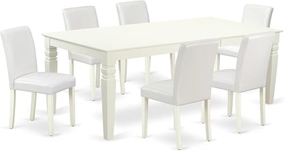 East West Furniture LGAB7-LWH-64 7 Piece Modern Dining Table Set Consist of a Rectangle Wooden Table with Butterfly Leaf and 6 White Faux Leather Upholstered Chairs, 42x84 Inch, Linen White