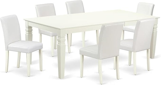 East West Furniture LGAB7-LWH-64 7 Piece Modern Dining Table Set Consist of a Rectangle Wooden Table with Butterfly Leaf and 6 White Faux Leather Upholstered Chairs, 42x84 Inch, Linen White