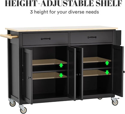Rovibek Large Wood Island Table with Storage, 54 in Width, Portable Moveable Kitchen Island on Wheels, Black with Drawers Cabinet Spice Rack Towel Rack