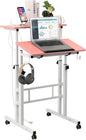 Hadulcet Mobile Standing Desk with Charging Station, Adjustable Standing Computer Desk, Standing Adjustable Laptop Cart with Wheels for Home Office Classroom, Pink