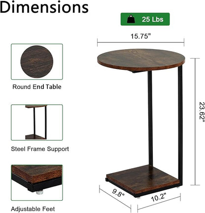 HDANI C Table End Table Set of 2,Round Side Table That Slide Under,C Shaped End Table for Couch,Small Table for Living Room,Bedroom,Rustic Brown