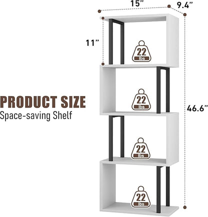Gadroad 4-Tier Bookshelf, Narrow S-Shaped Geometric Bookcase, Wood Decorative Storage Shelving, Modern Freestanding Display Shelves, Book Shelf Unit for Living Room Bedroom Home Office, White