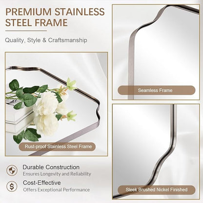 ANDY STAR Brushed Nickel Mirror 30x40 Inch, Rectangle Bathroom Mirror for Wall, Large Scalloped Wall Mirror in Anti-Rust Stainless Steel Metal 1’’ Frame, Wall Mounts Horizontally or Vertically