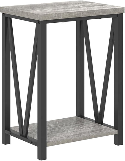 FOLUBAN End Table, Rustic Wood and Metal Side Table with Storage, Modern NightStand for Living Room Bedroom, Small Spaces, Light Grey