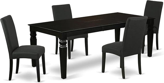 East West Furniture LGDR5-BLK-24 5 Piece Dining Set Includes a Rectangle Dining Room Table with Butterfly Leaf and 4 Black Color Linen Fabric Upholstered Chairs, 42x84 Inch, Black