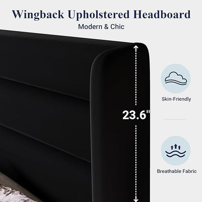 Allewie Queen Size Platform Bed Frame with Velvet Upholstered Wingback Headboard, No Box Spring Needed, Under Bed Storage Space, Strong Wooden Slats, Modern Mattress Foundation, Easy Assembly, Black