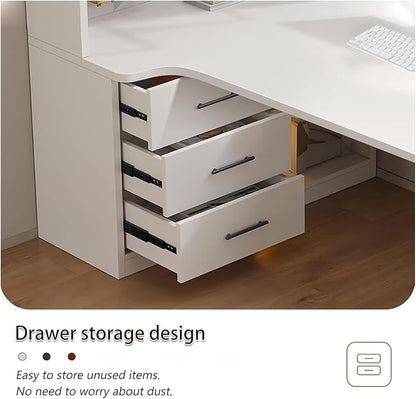 L Shaped Gaming Desk with Drawers and Cabinet Minimalist Computer Desk with 5-Tier Shelf & 3 Storage Drawers, White Office Desk for Home PC Gaming Study Table for Bedroom Small Spaces