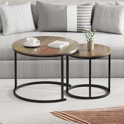 Garden 4 you Nesting Coffee Table, 23.6" Round Coffee Table Set of 2, Wooden Nesting Table Set with Metal Frame, Side Tables for Living Room Bedroom Balcony, Brown