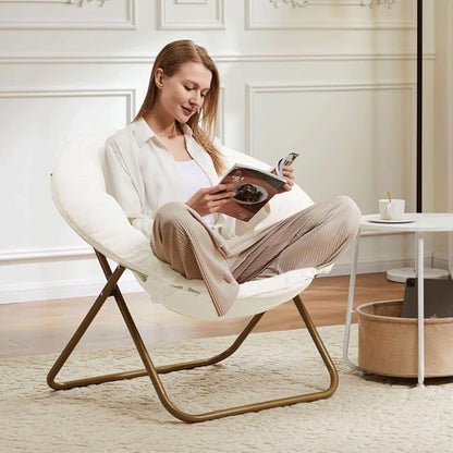 Comfortable Cozy Faux Fur Disc Chair Foldable Feature for Bedroom, Living Room and Dorm, Adult-Sized Relaxation, White