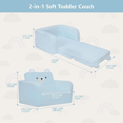 MONKISS Toddler Couch, 2-in-1 Kids Sofa Fold Out, Convertible Sofa to Lounger for Girls and Boys, Toddler Chairs Comfy 1-3 Years Old, SF04, Blue Bear