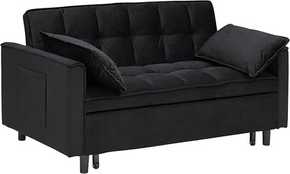 Ball & Cast 55" Convertible Sleeper Sofa Bed,Convertible Pull Out Couch with 2 Pillows,Adjustable Backrest & Side Pocket,Loveseat Futon Sofa Bed for Living Room,Apartment,Velvet Fabric,Black