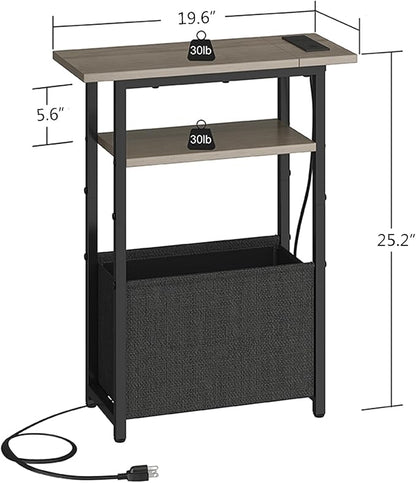 Narrow Side Table with Charging Station, Small End Table for Small Spaces, Skinny Nightstands with Storage Basket, 3 Tier Sofa Couch Bedside Tables for Living Room,Bedroom, Grey