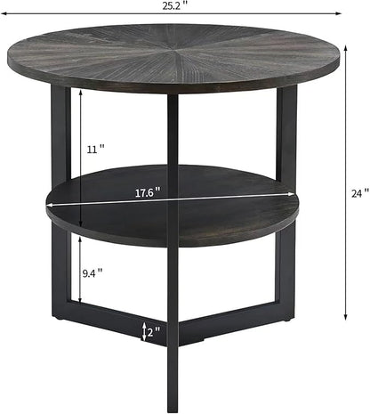 LEEMTORIG Round Side Table, Large 2-Tier End Table Nightstand with Metal Legs, Modern Bedside Couch Table for Living Room, Bedroom, Office, Rustic Black/Black, 25.2 x 25.2 x 24 inches CJZ-1338-BK