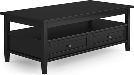 SIMPLIHOME Warm Shaker Coffee Table - 48 inch Wide Solid Wood Cocktail Table in Black, Transitional Living Room Table with 2 Storage Drawers and Open Shelf for Sitting Area or Lounge