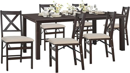 COLAMY 60 Inch Rectangular Kitchen Dining Table for 6, Modern Farmhouse Dining Table Set for 6, Wood Dining Table and Folding Dining Chairs for Kitchen, Dining Room, Restaurant, Brown/Beige