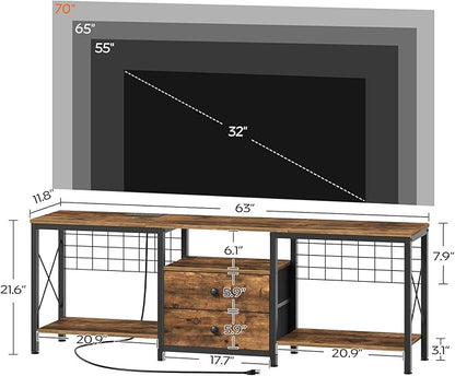 TV Stand with Power Outlet Up to 70 Inch, Entertainment Center with 2 Fabric Drawers, TV Console Table with Open Storage Shelves for TVs, Cable Management, for Living Room, Bedroom, DS16UBRY1