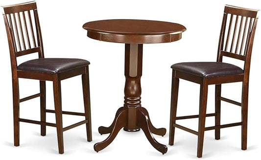 East West Furniture EDVN3-MAH-LC 3 Piece Counter Height Dining Set Contains a Round Dining Room Table with Pedestal and 2 Faux Leather Upholstered Chairs, 30x30 Inch, Mahogany