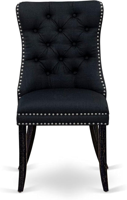 NKDA9-SBB-24-9-pc Dining Room Set Consists of a Rectangular Table and 8 Black Polyester Fabric Dining Chairs with Button Tufted Chair Back - Sand Blasting Black Finish.