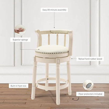 Cow top Leather Wooden Bar Stools, 360 Degree Swivel Bar Height Chair with Backs for Home Kitchen Counter, Morden Chair Barstools (Ivory Wood 1pc-Cream Seat, Counter Height-Seat Height 26”)