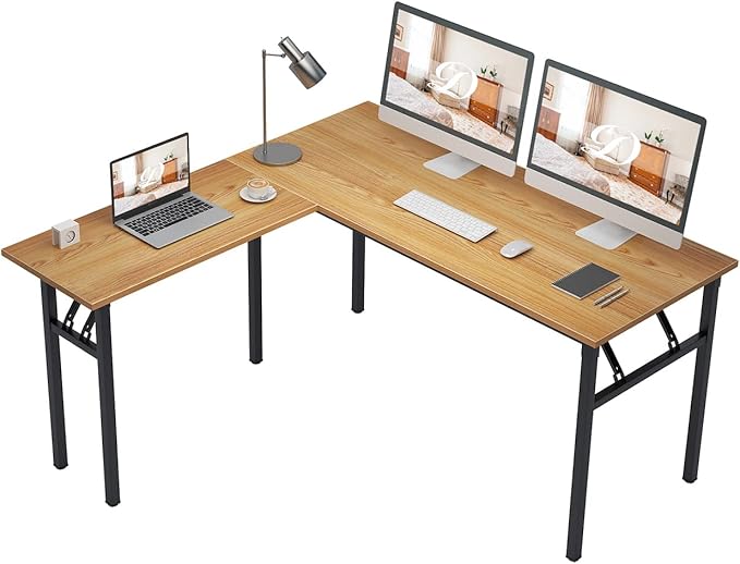 DlandHome Reversible L-Shaped Desk Large Corner Desk Folding Table Computer Desk Home Office Table Computer Workstation, Teak DND-ND11-TB