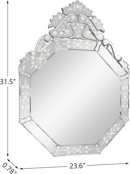 KOHROS Venetian Mirror with Top Crown Arch Floral Etched 32 x 24 Inch Octagonal Bathroom Mirror for Over Sink Frameless Beveled Edge Wall Mirror for Bathroom Vanity Entryway Bedroom