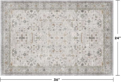 Light Grey Boho Bathroom Rug 2x3 - Modern Vintage Eclectic Floral Pastel Neutral Taupe, Washable Low Pile Non-Slip Small Throw Area Rugs for Entryway Door Mat Indoor Entrance, Kitchen