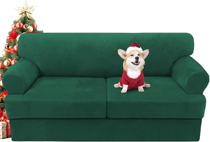 H.VERSAILTEX Sofa Cover 3 Piece T Cushion Loveseat Slipcovers Thick Velvet Couch Cover Stretch T Cushion Sofa Covers for 2 Cushion Couch with 2 Individual T Cushion Covers, Vintage Green