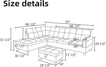 L Shaped Sectional Couches for Living Room, Modern Modular Sectional Sofa with Ottoman Storage, Comfy L Shaped Couch with Chaise for Bedroom Apartment Furniture, Blue