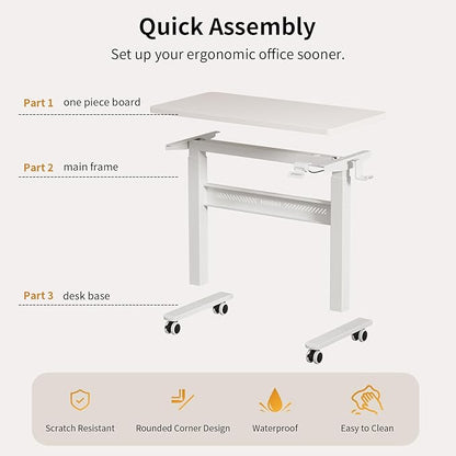 Mobile Walking Pad Desk with Wheels, Pneumatic Small Rolling Standing Desk Riser Height Adjustable (28-43.7") for Treadmill, Portable Computer Table for Home Office, White