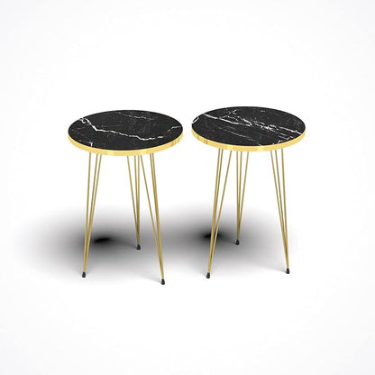 PAK HOME Set of 2 End Tables Round Wood Sofa Side Coffee Tables for Small Spaces, Nightstand Bedside Table with Metal Legs for Bedroom, Living Room, Office (Black Marble High Gloss/Gold Legs)
