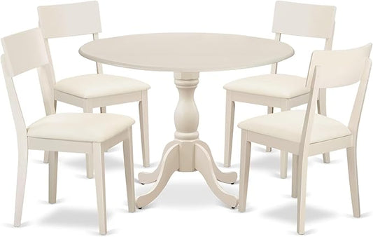 East West Furniture DMAD5-LWH-LC 5 Piece Dining Table Set for 4 Includes a Round Kitchen Table with Dropleaf and 4 Faux Leather Upholstered Dinette Chairs, 42x42 Inch, Linen White