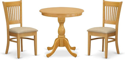 East West Furniture ESVA3-OAK-C 3 Piece Dining Table Set for Small Spaces Contains a Round Dining Room Table with Pedestal and 2 Linen Fabric Upholstered Chairs, 30x30 Inch, Oak