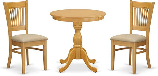 East West Furniture ESVA3-OAK-C 3 Piece Dining Table Set for Small Spaces Contains a Round Dining Room Table with Pedestal and 2 Linen Fabric Upholstered Chairs, 30x30 Inch, Oak