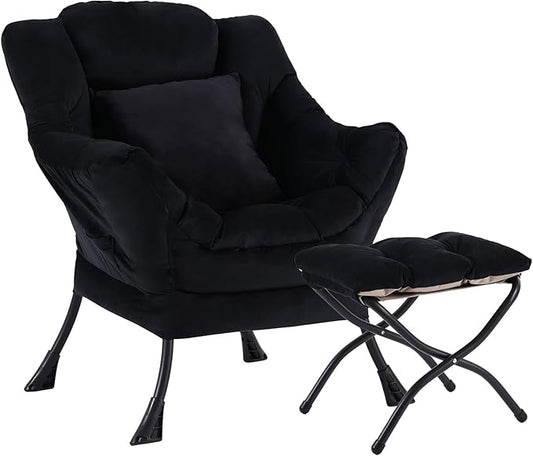 Lazy Chair with Ottoman, Comfy Reading Lounge Chair with Footstool & Throw Pillow Modern with Armrests & Side Pocket for Living Room, Bedroom, Dorm Room, Velvet Black