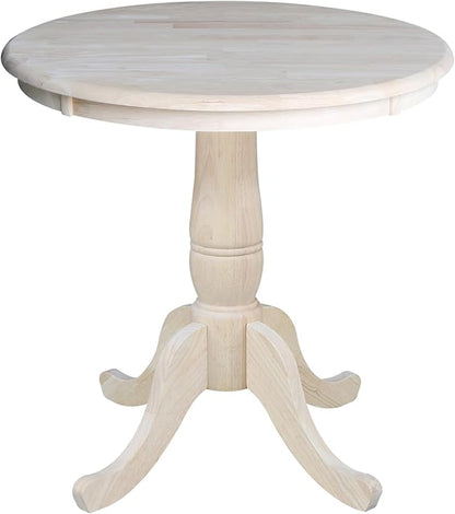 International Concepts 30" Round Top Pedestal Dining Table Solid Real Wood, Sturdy Parawood, Dimensions 30" D x 30" W x 28.8" H, Paint/Stain Ready, Unfinished