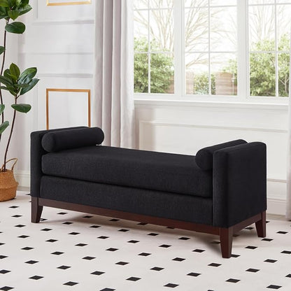 24KF Large Upholstered Boucle Fabric Ottoman with Pillows,Comfort Padded Window Bench for Living Room,Entryway Bench,5095-Black