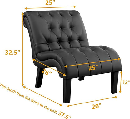 Yongqiang Black Faux Leather Accent Chair Modern Button Tufted Upholstered Armless Chair for Bedroom Living Room with Wood Legs